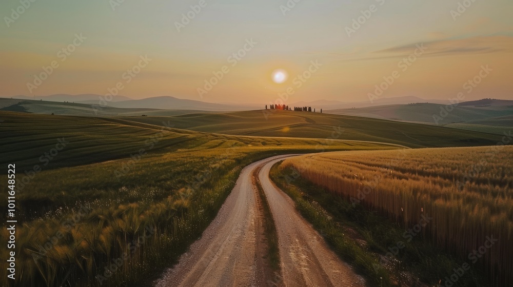 A winding dirt road leads through rolling green hills at sunset, with a golden glow and serene ambiance, evoking peace and rural tranquility. A winding dirt road leads through rolling green hills at sunset, with a golden glow and serene ambiance, evoking peace and rural tranquility.