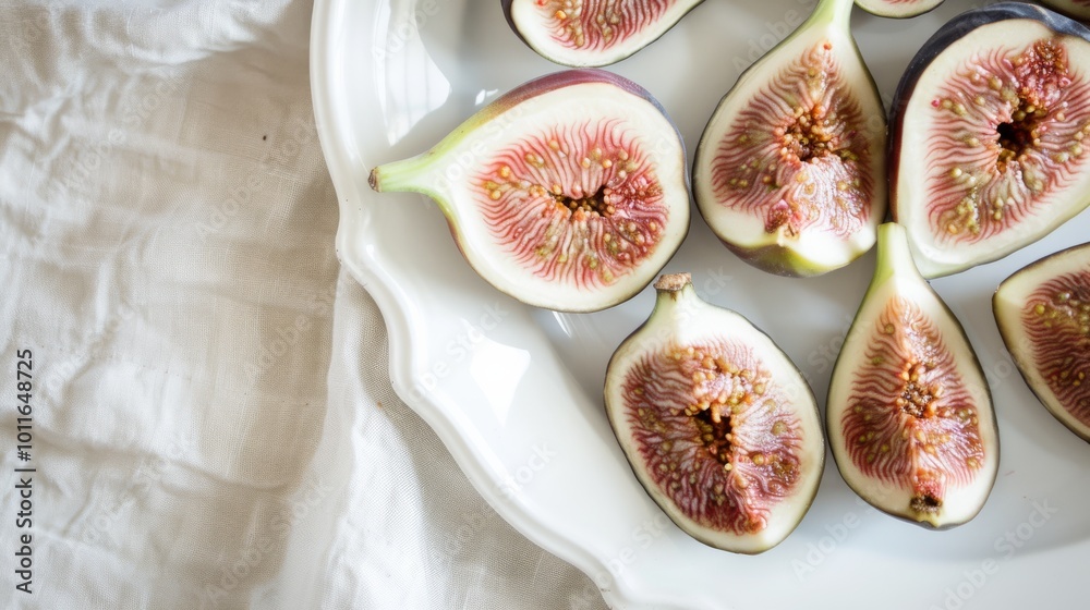 A white plate adorned with freshly sliced figs, displaying their intricate patterns and juicy, sweet interiors against a soft cloth background. A white plate adorned with freshly sliced figs, displaying their intricate patterns and juicy, sweet interiors against a soft cloth background.