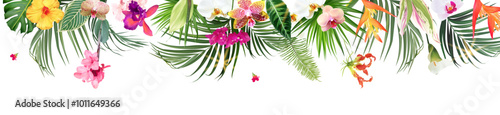 Tropical banner arranged from exotic emerald leaves and exotic flowers. Paradise plants, greenery and palm card. Stylish fashion frame. Wedding design. All leaves are not cut. Isolated and editable
