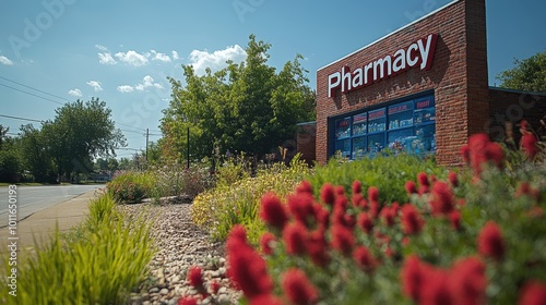 Fototapeta Naklejka Na Ścianę i Meble -  A beautiful sunny day showcasing a neighborhood pharmacy building with vibrant landscaping and colorful flowers in full bloom in front of it