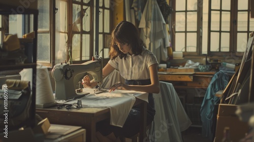 A young woman in a quiet room works diligently on a sewing machine, surrounded by fabrics and natural light streaming through large windows.