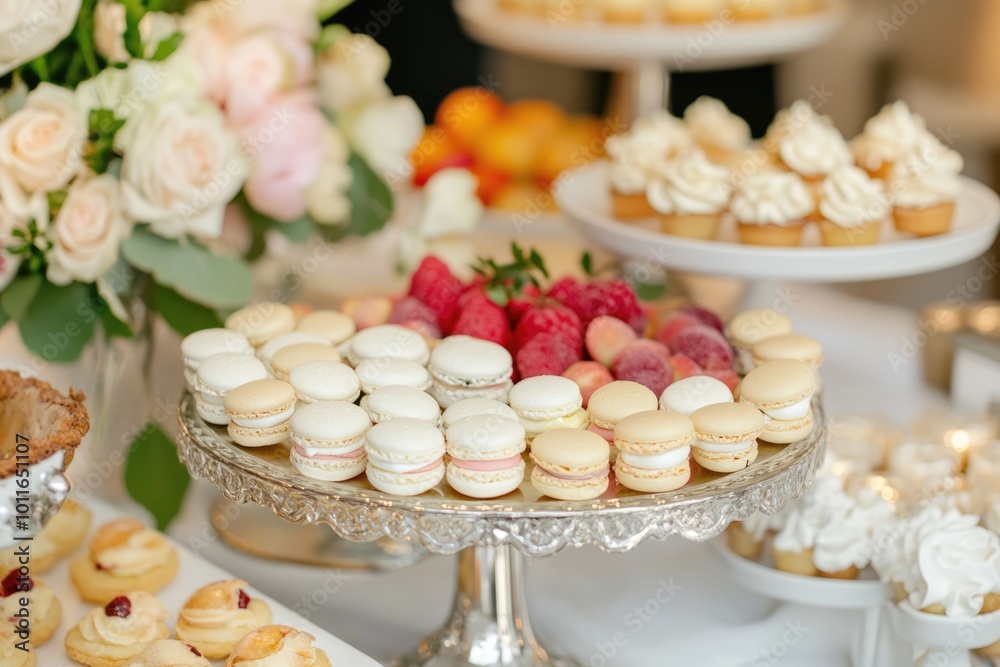 A beautifully styled dessert table showcases various pastries, macarons, and fruit tarts A beautifully styled dessert table showcases various pastries, macarons, and fruit tarts