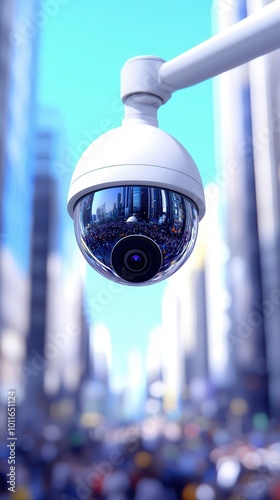 Security Camera Reflecting City Skyline and Crowd.