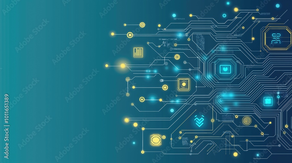 Fototapeta premium This bright abstract background features complex circuits and glowing digital icons