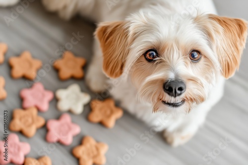 A dog is sitting on the floor next to a pile of cookies. The dog is looking at the cookies and he is interested in them