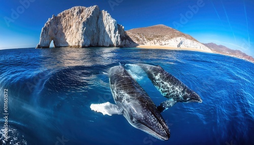 Stunning Underwater Shot of Humpback Whales Swimming Beneath Iconic Arch Rock Formation, with Clear Blue Skies Above and Crystal Waters Below