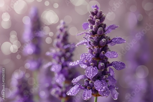 A Close-Up of a Lavender Flower Covered in Dew Drops