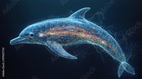 Artistic rendering of a dolphin s nervous system showing brain and neural pathways, Marine Mammal Nervous System, intelligence and sensory processing photo