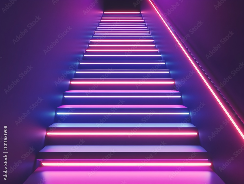 Neon Lit Staircase with Colorful Light Effects Neon Lit Staircase with Colorful Light Effects