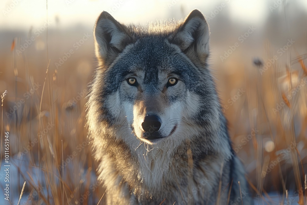 A Close-Up Portrait of a Wolf in a Field of Tall Grass A Close-Up Portrait of a Wolf in a Field of Tall Grass