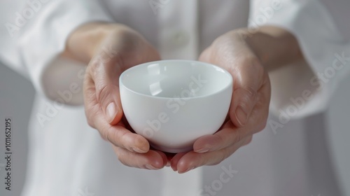 Hands in a white garment gently cradle a small, white ceramic bowl, radiating a sense of purity and simplicity.