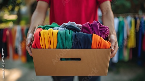 Volunteer hands holding a clothes donation box filled with clothing items of all colors