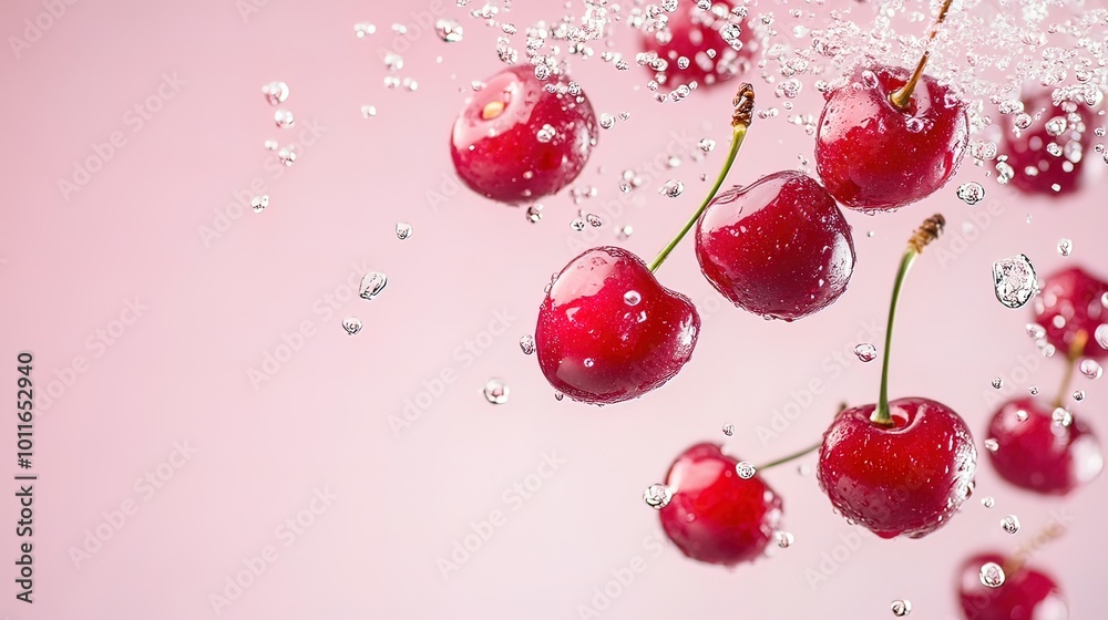 Cherries Splashing in Water, Pink Background Cherries Splashing in Water, Pink Background