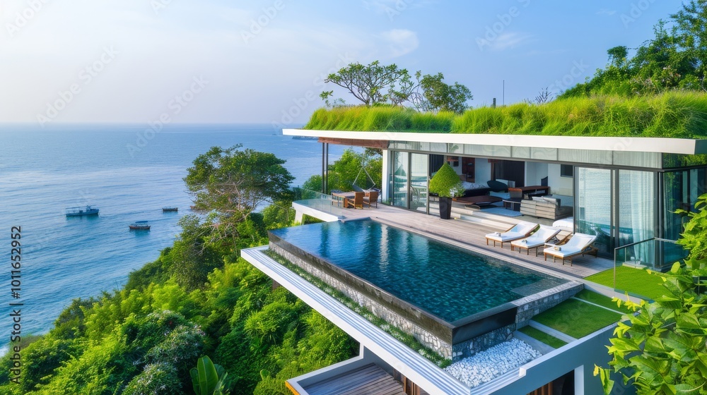 A stunning coastal villa with an infinity pool overlooking the ocean, lush greenery surrounding the modern architecture, offering a serene escape. A stunning coastal villa with an infinity pool overlooking the ocean, lush greenery surrounding the modern architecture, offering a serene escape.