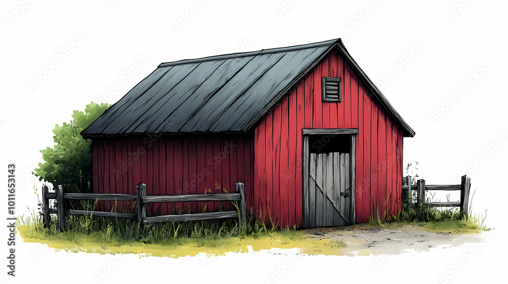 A Rustic Red Barn with a Grey Wooden Door and a Black Metal Roof, Surrounded by a Wooden Fence and Green Grass A Rustic Red Barn with a Grey Wooden Door and a Black Metal Roof, Surrounded by a Wooden Fence and Green Grass