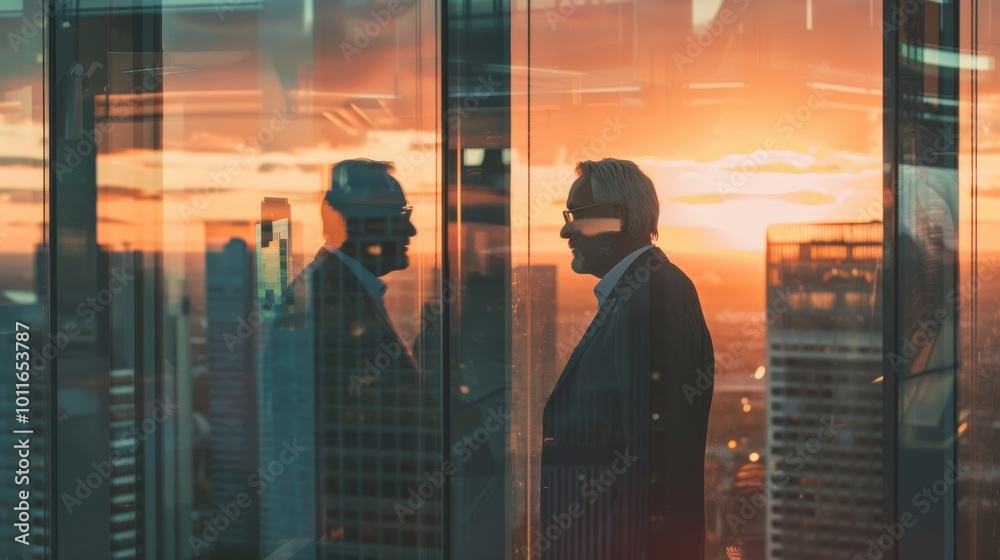 A silhouette of a man standing by a window in a high-rise building, reflecting the warm, glowing hues of a sunset over the cityscape. A silhouette of a man standing by a window in a high-rise building, reflecting the warm, glowing hues of a sunset over the cityscape.