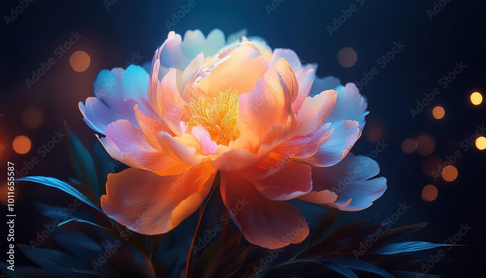 Radiant Peony in Bloom. Surreal Floral Close-up Bathed in Luminous Pink, Purple, and Gold Hues Against a Dark Background with Soft Bokeh Lighting, Highlighting Delicate Petals and Golden Center Radiant Peony in Bloom. Surreal Floral Close-up Bathed in Luminous Pink, Purple, and Gold Hues Against a Dark Background with Soft Bokeh Lighting, Highlighting Delicate Petals and Golden Center