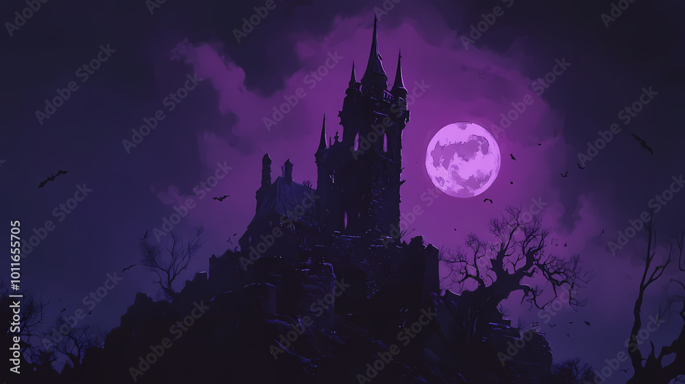 Obraz premium Halloween night background with witch silhouette. Dark Wizard's Tower. Illustration