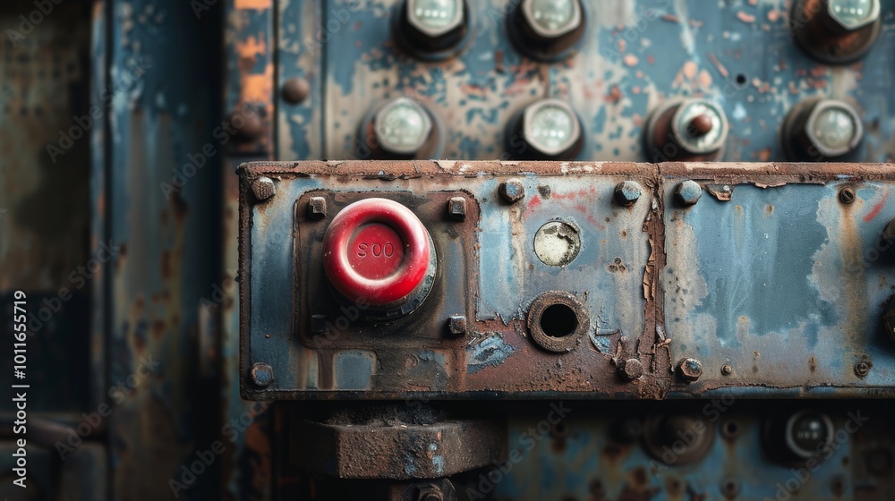 Rusty industrial control panel with a striking red button, evoking nostalgia and decay. Rusty industrial control panel with a striking red button, evoking nostalgia and decay.