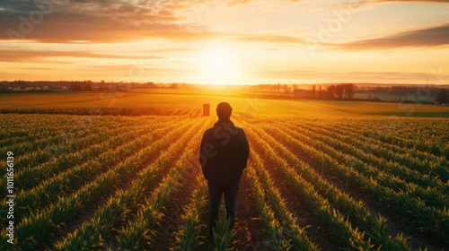 Sunset view over agricultural land with a person in the countryside, emphasizing food security and ecological awareness.