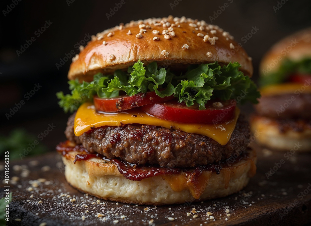 A close-up, mouthwatering shot of a juicy beef burger topped with melted cheddar cheese, fresh lettuce, and tomato slices. The burger is served in a toasted sesame seed bun. Perfectly styled A close-up, mouthwatering shot of a juicy beef burger topped with melted cheddar cheese, fresh lettuce, and tomato slices. The burger is served in a toasted sesame seed bun. Perfectly styled
