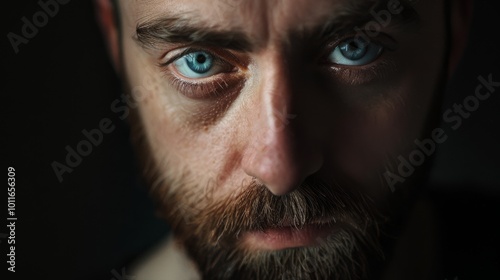 A close-up shot of a bearded man with piercing blue eyes, exuding intensity and mystery in dim lighting.