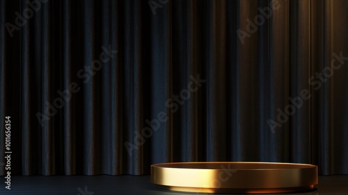 A golden circular platform in front of dark curtains, suggesting a stage or presentation area.