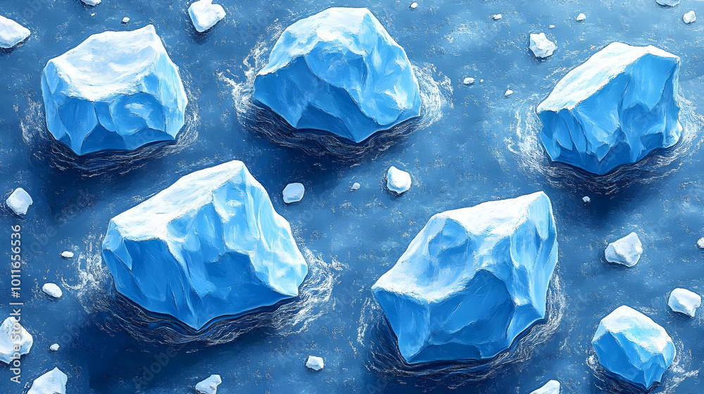 Obraz premium An Abstract Painting of Several Blue Icebergs Floating in a Dark Blue Sea
