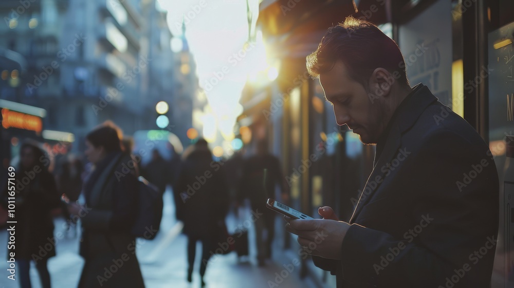 In the soft glow of early evening, a man absorbed in his phone moves purposefully through a bustling city street, capturing the rhythm of urban life. In the soft glow of early evening, a man absorbed in his phone moves purposefully through a bustling city street, capturing the rhythm of urban life.