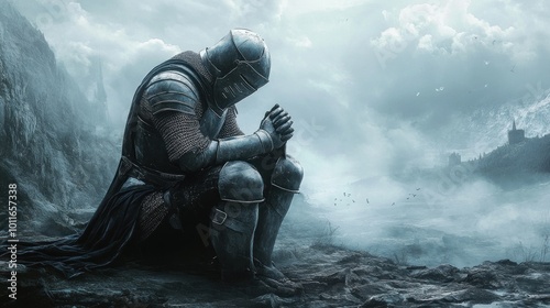 A lone knight in armor sits contemplatively on rocky terrain under a dramatic sky.