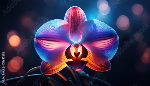 Vibrant Macro Close-Up of a Colorful Orchid Flower with Intricate Veins and Radiant Petals, Illuminated by a Soft Bokeh Light Effect in a Deep Blue Background photo