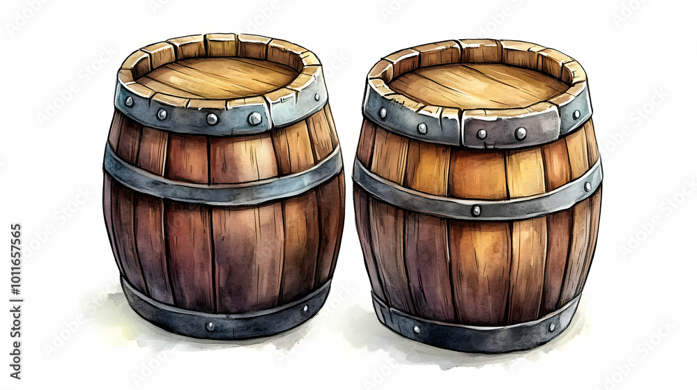 Watercolor Illustration of Two Wooden Barrels with Metal Bands on a White Background