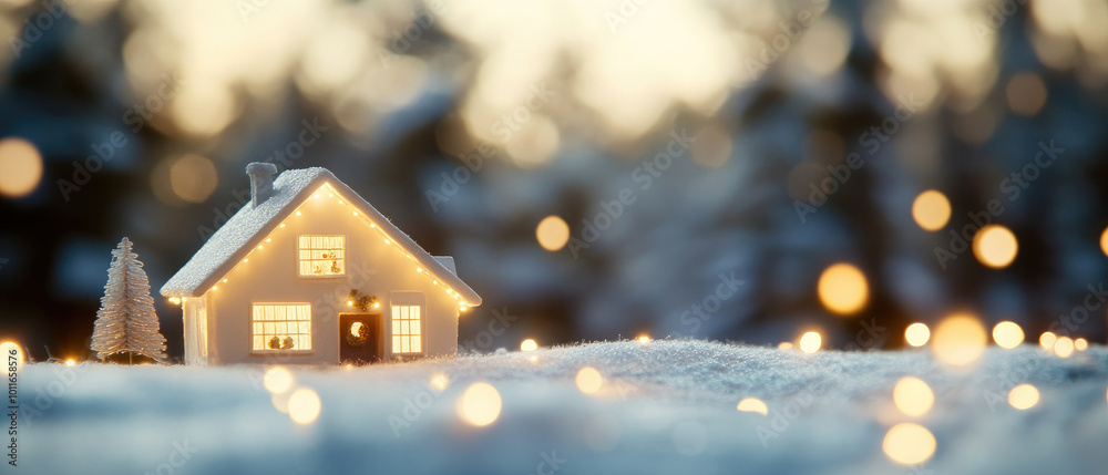 Festive Home Illuminated by White Lights Under a Bright Moon Festive Home Illuminated by White Lights Under a Bright Moon