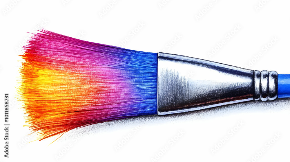 Fototapeta premium A Detailed Pencil Drawing of a Paintbrush with a Rainbow-Colored Bristles