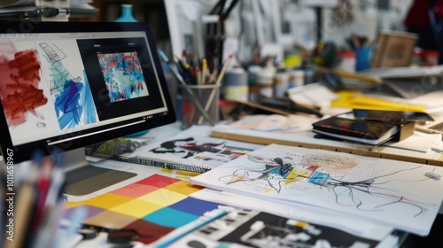 A bustling workspace filled with art supplies, colorful sketches, and a monitor displaying digital art, creating an inspiring and creative atmosphere.