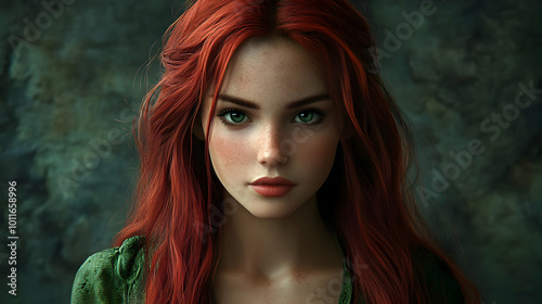 Digital Illustration of a Woman with Red Hair and Green Eyes