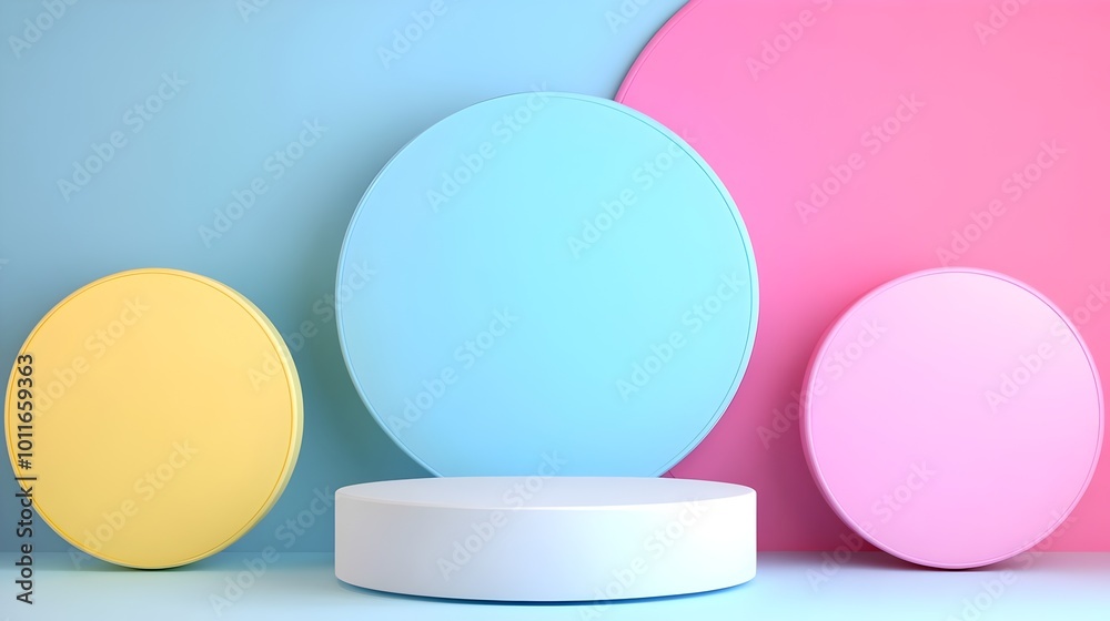 3D round podium background in blue, pink and yellow color. Empty whitel podium mockup or product display. 3D studio display showroom product pedestal, Fashion stage showcase mockup scene. 3D round podium background in blue, pink and yellow color. Empty whitel podium mockup or product display. 3D studio display showroom product pedestal, Fashion stage showcase mockup scene.