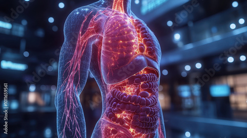 This digital illustration showcases the intricate human anatomy, highlighting organs and vessels in a vibrant and translucent design, perfect for medical and educational purposes