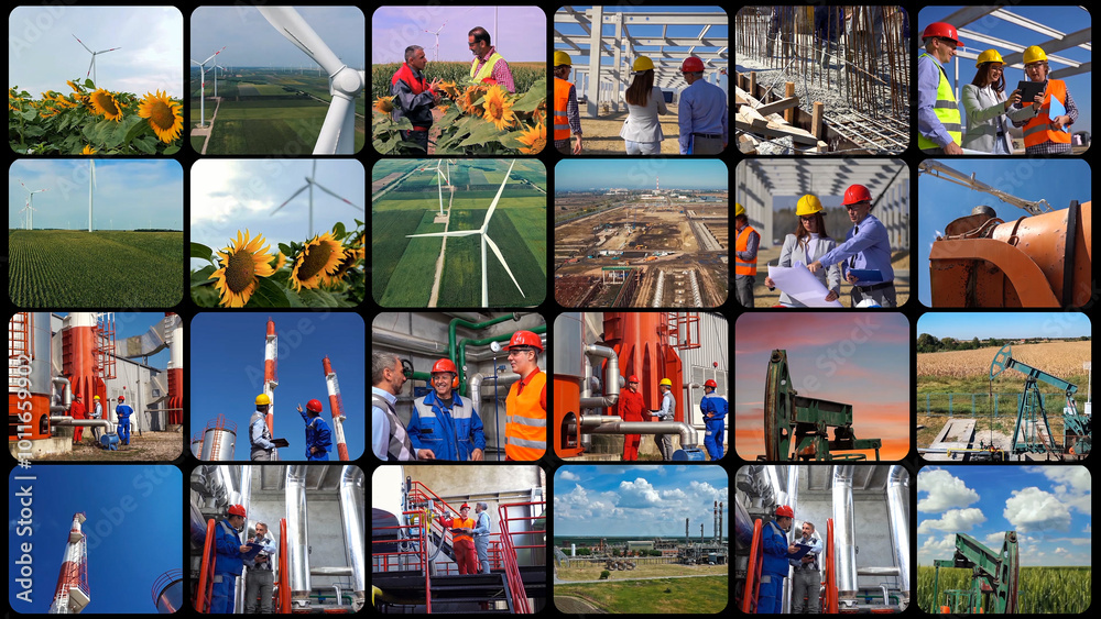 Obraz premium Industrial Production, Development and Growth - Photo Collage. Oil and Gas Industry. Construction Industry. Wind Farm. Workers Of Different Professions At Work. Workforce Productivity.