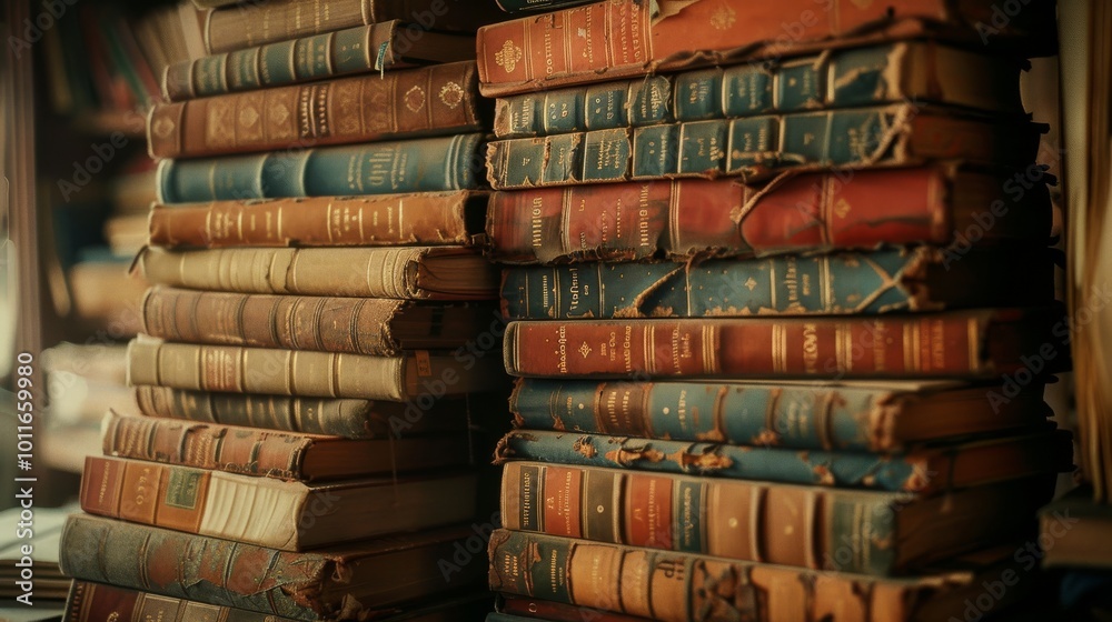 Stacks of old, weathered books with worn spines and covers display a sense of history and knowledge in a cozy, dimly lit room. Stacks of old, weathered books with worn spines and covers display a sense of history and knowledge in a cozy, dimly lit room.