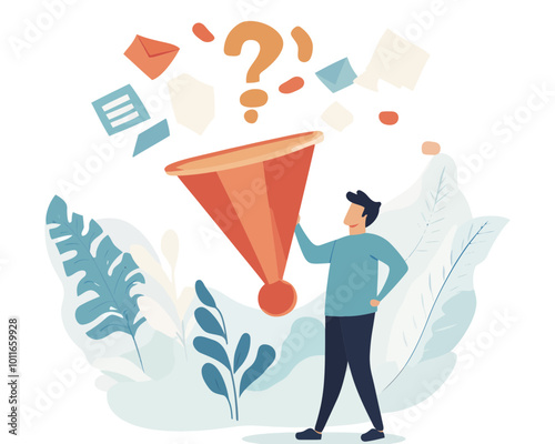Innovative Business Solutions Concept: Smart Businessman Filtering Ideas to Solve Problems with Funnel - Flat Minimalist Vector