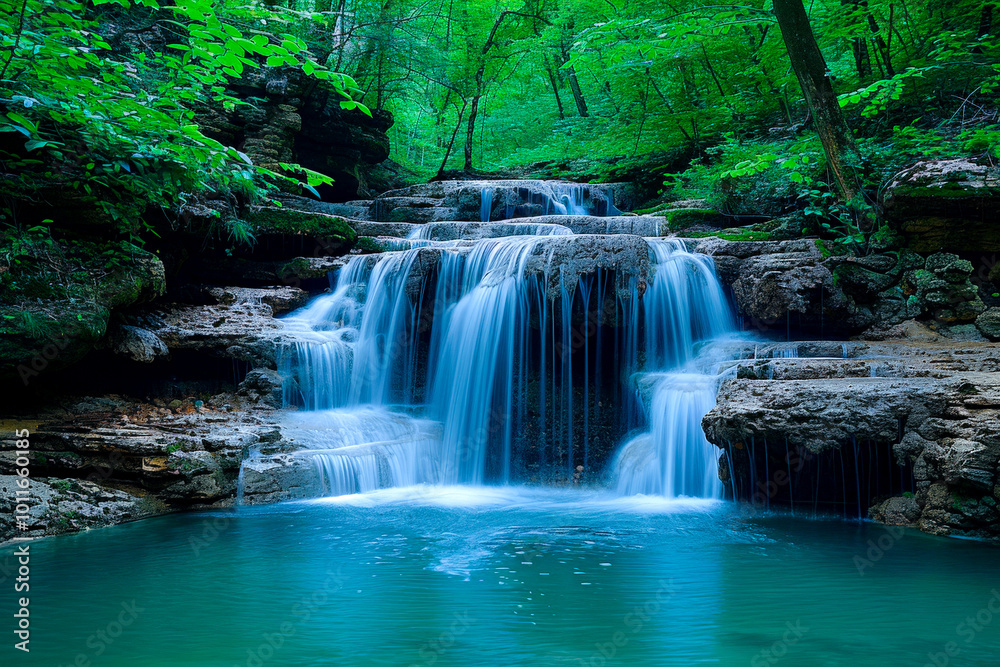 Cascading waterfall surrounded by lush greenery. Cascading waterfall surrounded by lush greenery.