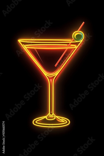 Representación minimalista de un martini en neón amarillo y rojo, con una aceituna, evocando un estilo retro y moderno a la vez. photo