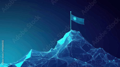 Abstract Mountain Path to Achievement Goal, Futuristic Digital Technology Style, Low Poly Wireframe Flag, Concept of Success