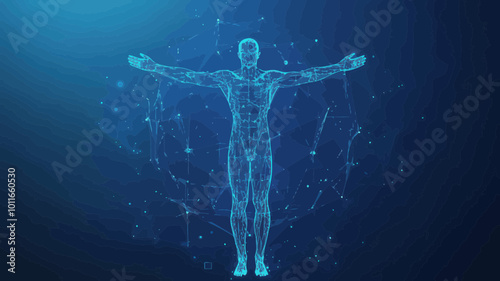 Abstract Digital Vitruvian Man Concept with Hand Covering - Low Poly Wireframe Vector Illustration of Science and Anatomy in Blue Hologram Style