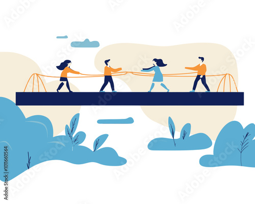 Business Teamwork Concept Vector: People Building Bridge Together for Success, Collaboration and Solution Idea in Flat Minimalist Style