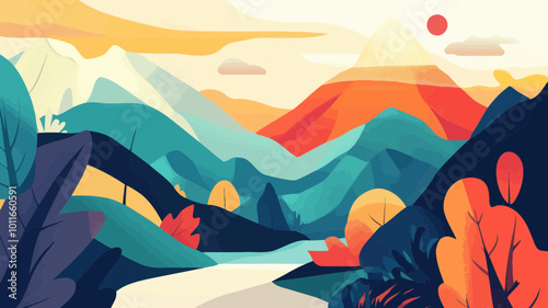 Modern Flat Design Vector Illustration of Vibrant Autumn Mountain Landscape with Colorful Trees, Rolling Hills, and Serene River for Nature and Outdoor Themes photo