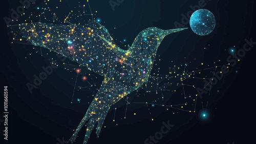Starry Sky Colibri: Minimalist Vector of Hummingbird in Cosmic Space with Points, Lines, and Shapes Representing Stars and Planets