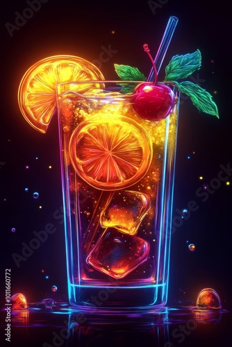 Brillante ilustración de un cóctel en vaso alto, iluminado en tonos neón de naranja y rojo, decorado con una cereza y rodaja de naranja, rodeado de efectos luminosos.