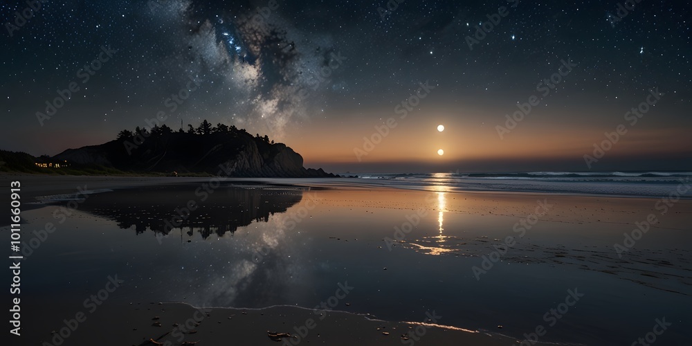 Moonrise Over a Tranquil Beach with Gentle Waves and Reflections on the Water – Perfect for Nature Lovers, Coastal Landscapes, and Night Sky Enthusiasts Capturing a Serene Moment. Moonrise Over a Tranquil Beach with Gentle Waves and Reflections on the Water – Perfect for Nature Lovers, Coastal Landscapes, and Night Sky Enthusiasts Capturing a Serene Moment.